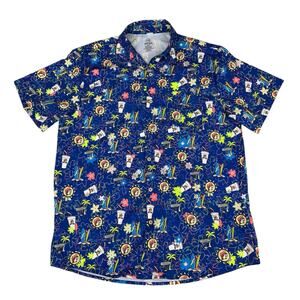 Buc-ee's Button Down Short Sleeve Shirt Tropical Beach Beaver Soda Cup Texas